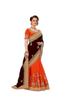 Trendmalls Brown embroidered silk   Traditional Wedding Party Wear Bridal Saree With Blouse   4