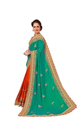 Green embroidered silk saree with blouse 3