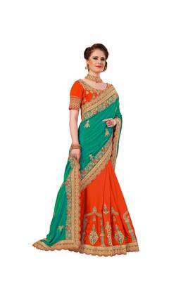 Green embroidered silk saree with blouse 4