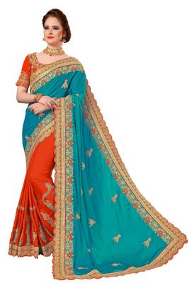 Turquoise embroidered silk saree with blouse 1