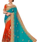 Turquoise embroidered silk saree with blouse