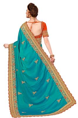 Turquoise embroidered silk saree with blouse 2