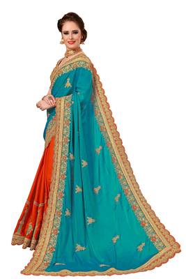 Turquoise embroidered silk saree with blouse 3