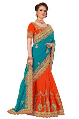 Turquoise embroidered silk saree with blouse 4