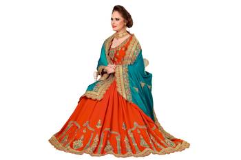 Turquoise embroidered silk saree with blouse 5