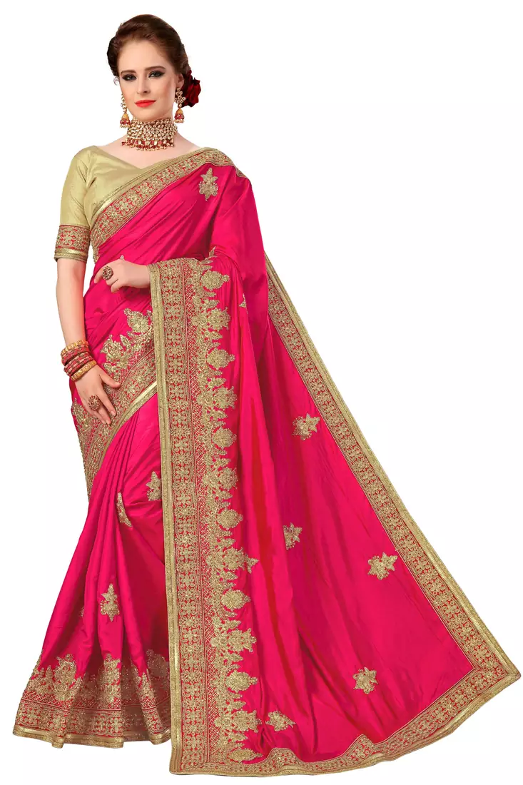 Pink embroidered silk saree with blouse