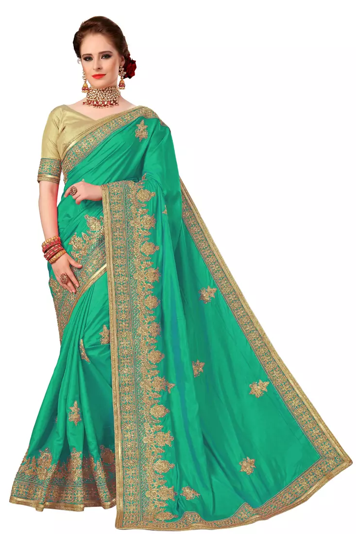 Turquoise embroidered silk saree with blouse