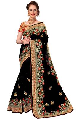 Trendmalls Black embroidered silk Party Wear Saree With Blouse 1