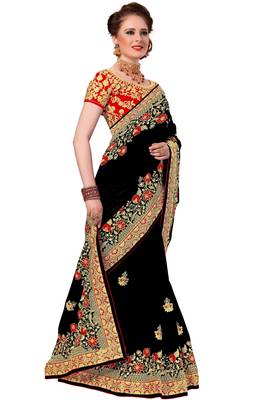 Trendmalls Black embroidered silk Party Wear Saree With Blouse 4