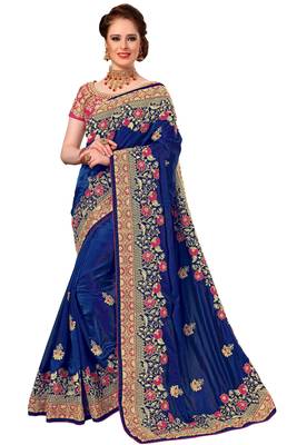 Trendmalls Blue embroidered silk Party Wear Saree With Blouse 1