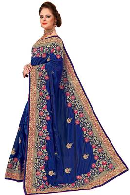 Trendmalls Blue embroidered silk Party Wear Saree With Blouse 3