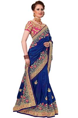 Trendmalls Blue embroidered silk Party Wear Saree With Blouse 4