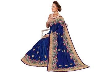 Trendmalls Blue embroidered silk Party Wear Saree With Blouse 5