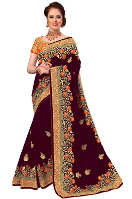Trendmalls Brown embroidered silk Party Wear Saree With Blouse 1