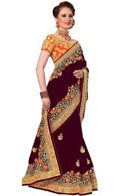 Trendmalls Brown embroidered silk Party Wear Saree With Blouse 4