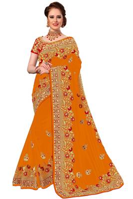 Trendmalls Orange embroidered silk Party Wear Saree With Blouse 1