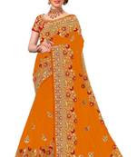 Trendmalls Orange embroidered silk Party Wear Saree With Blouse