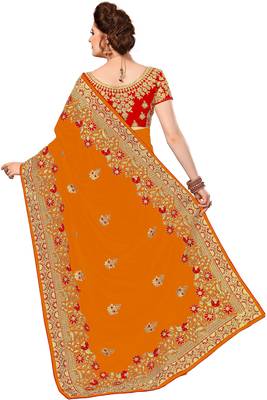 Trendmalls Orange embroidered silk Party Wear Saree With Blouse 2