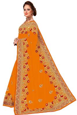 Trendmalls Orange embroidered silk Party Wear Saree With Blouse 3