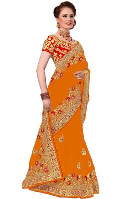 Trendmalls Orange embroidered silk Party Wear Saree With Blouse 4