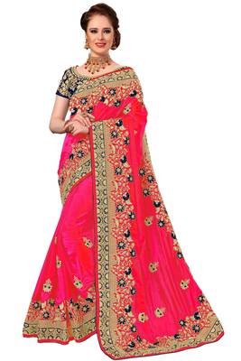 Pink embroidered silk saree with blouse 1
