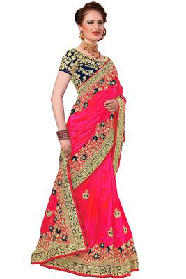 Pink embroidered silk saree with blouse 4