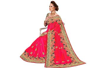 Pink embroidered silk saree with blouse 5