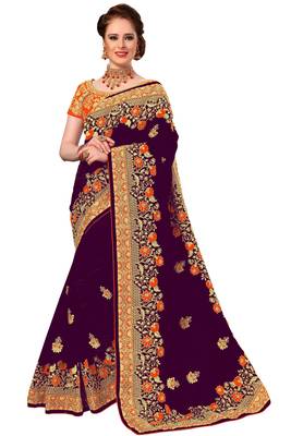 Purple embroidered silk saree with blouse 1