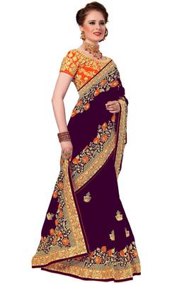 Purple embroidered silk saree with blouse 4