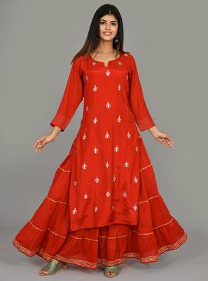 KAAJH Red Embellished Silk  Kurta Sharara Set 1