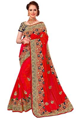 Red embroidered silk saree with blouse 1