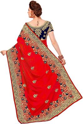 Red embroidered silk saree with blouse 2