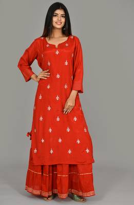 KAAJH Red Embellished Silk  Kurta Sharara Set 3