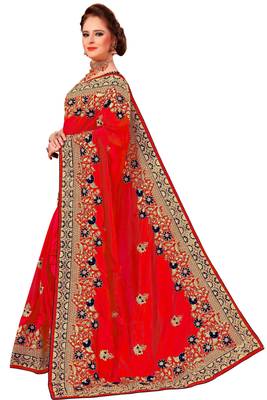 Red embroidered silk saree with blouse 3