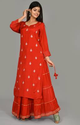 KAAJH Red Embellished Silk  Kurta Sharara Set 4
