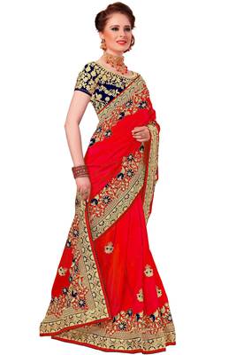 Red embroidered silk saree with blouse 4
