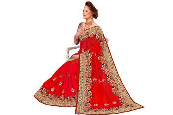 Red embroidered silk saree with blouse 5