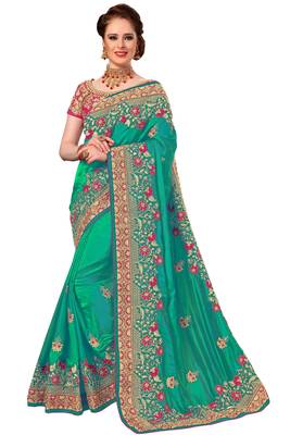 Turquoise embroidered silk saree with blouse 1