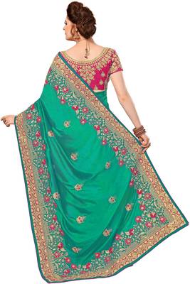 Turquoise embroidered silk saree with blouse 2