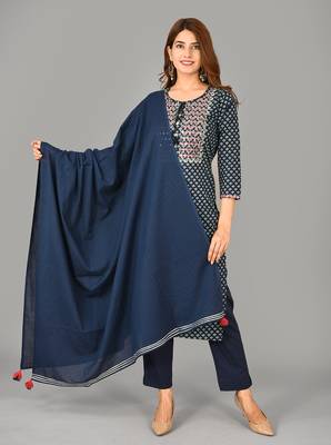 Blue Printed Cotton Stitched Kurta Pant Dupatta Set 1