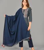 Blue Printed Cotton Stitched Kurta Pant Dupatta Set