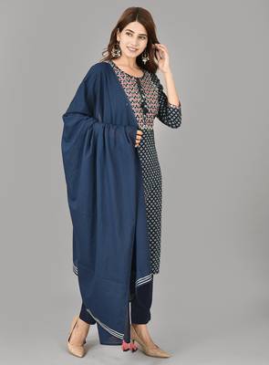 Blue Printed Cotton Stitched Kurta Pant Dupatta Set 2