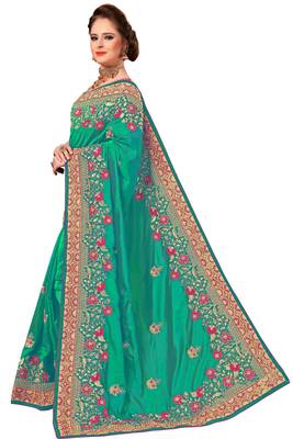 Turquoise embroidered silk saree with blouse 3