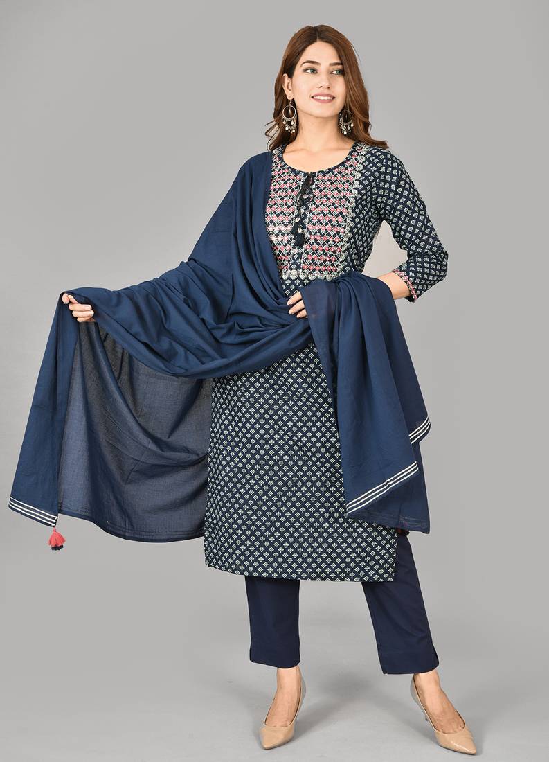 Blue Printed Cotton Stitched Kurta Pant Dupatta Set