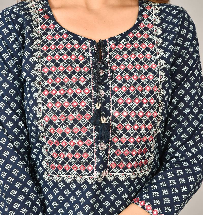 Blue Printed Cotton Stitched Kurta Pant Dupatta Set