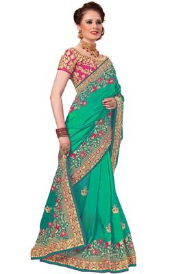 Turquoise embroidered silk saree with blouse 4