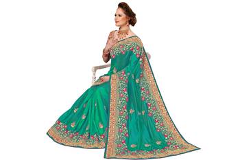 Turquoise embroidered silk saree with blouse 5