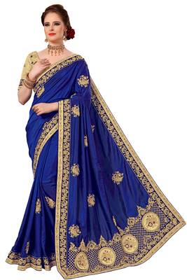 Trendmalls Blue embroidered silk   Traditional Wedding Party Wear Bridal Saree With Blouse   1