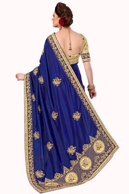 Trendmalls Blue embroidered silk   Traditional Wedding Party Wear Bridal Saree With Blouse   2