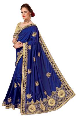 Trendmalls Blue embroidered silk   Traditional Wedding Party Wear Bridal Saree With Blouse   3